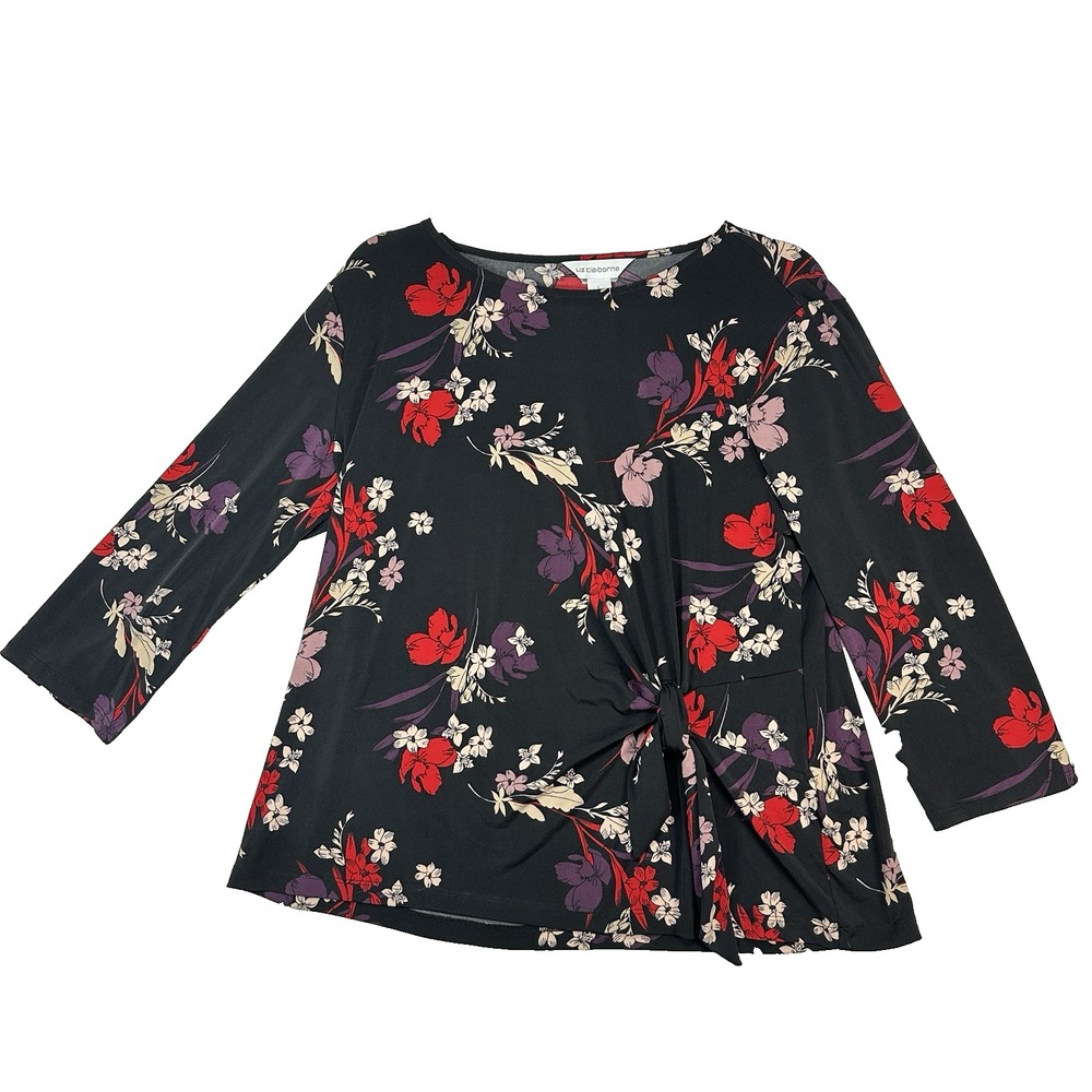 Liz Claiborne Womens Large Black Red Floral Pullover Blouse Decorative Tie New